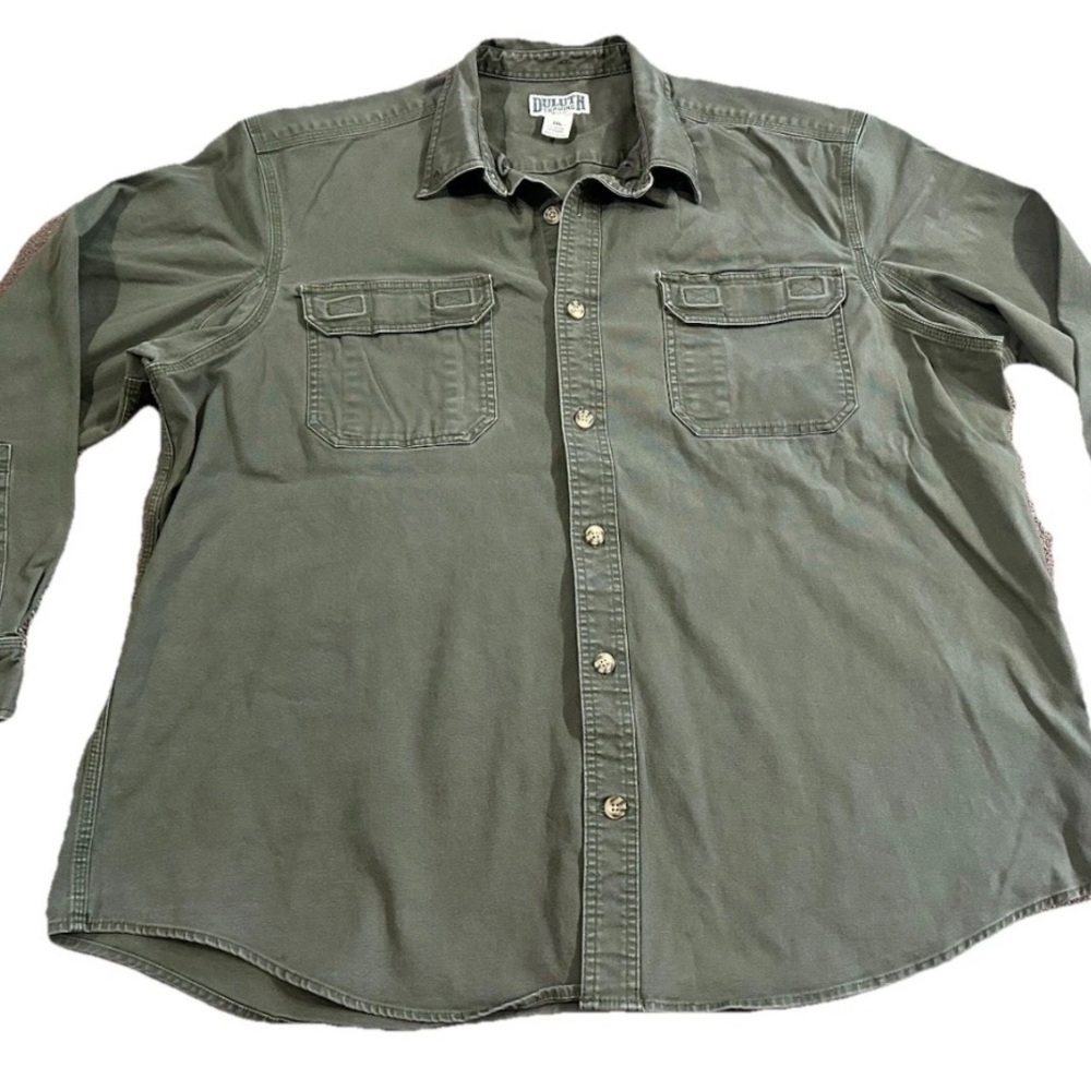 Duluth Trading Hunting/Fishing Long Sleeve Button Camo Green Heavy Dty Shirt 2XL
